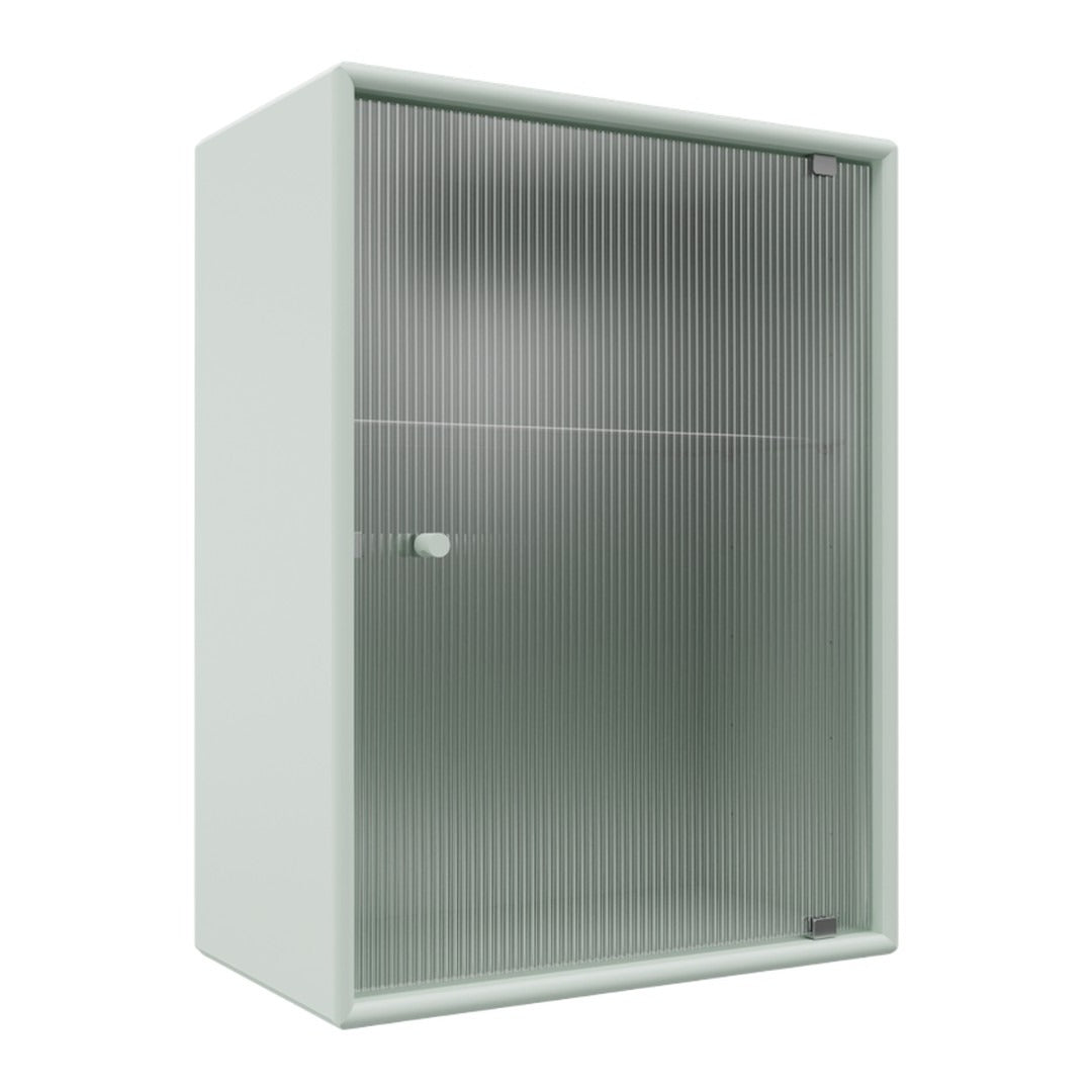 White cabinet with a textured ribbed glass front, showcasing a modern and minimalist design.