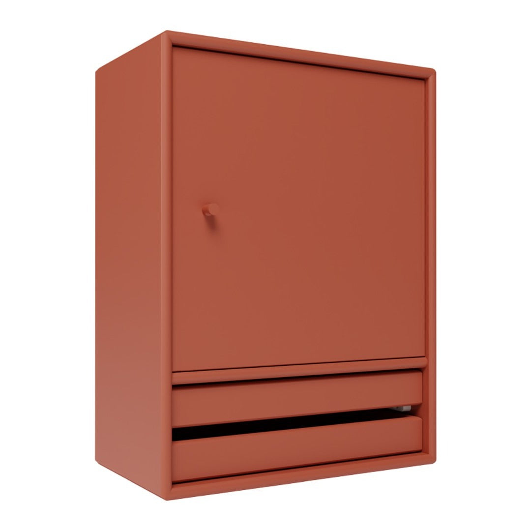 Rust-colored cabinet with a sleek, minimal design and smooth finish, featuring a simple drawer.