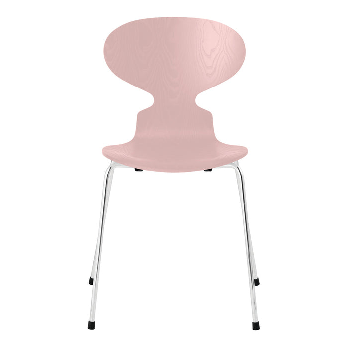Pink curved chair with a sleek chrome base, featuring a smooth, minimalist design. Perfect for modern interiors.