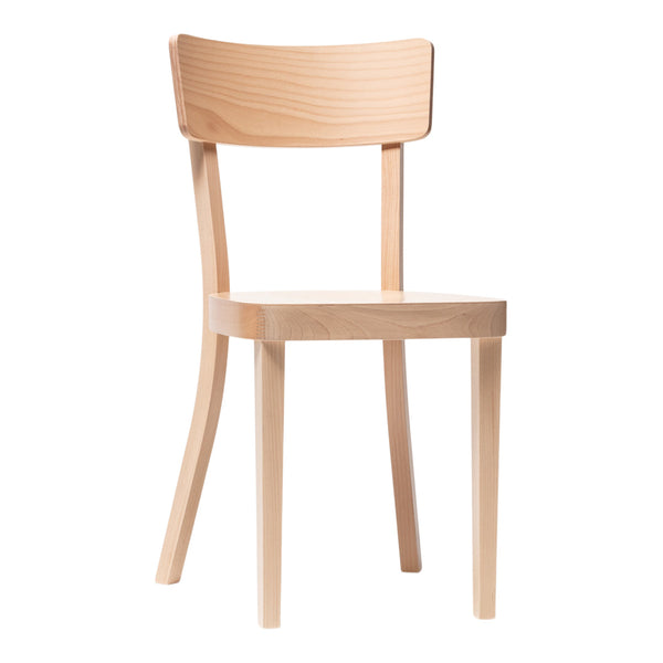 Natural wood chair with a light beige finish and minimalist design, featuring smooth surfaces and simple lines.