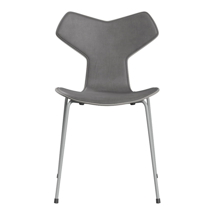 Stylish gray chair with a unique Y-shaped design and sleek metallic legs, perfect for modern decor.