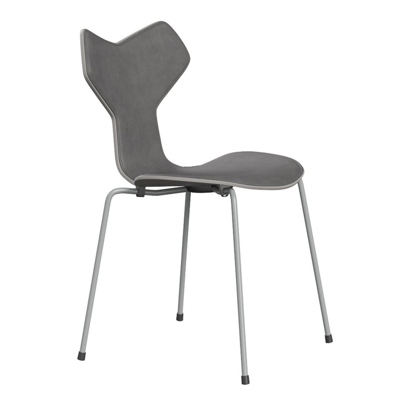 Gray modern chair with unique butterfly back design and sleek metal legs, perfect for contemporary decor.