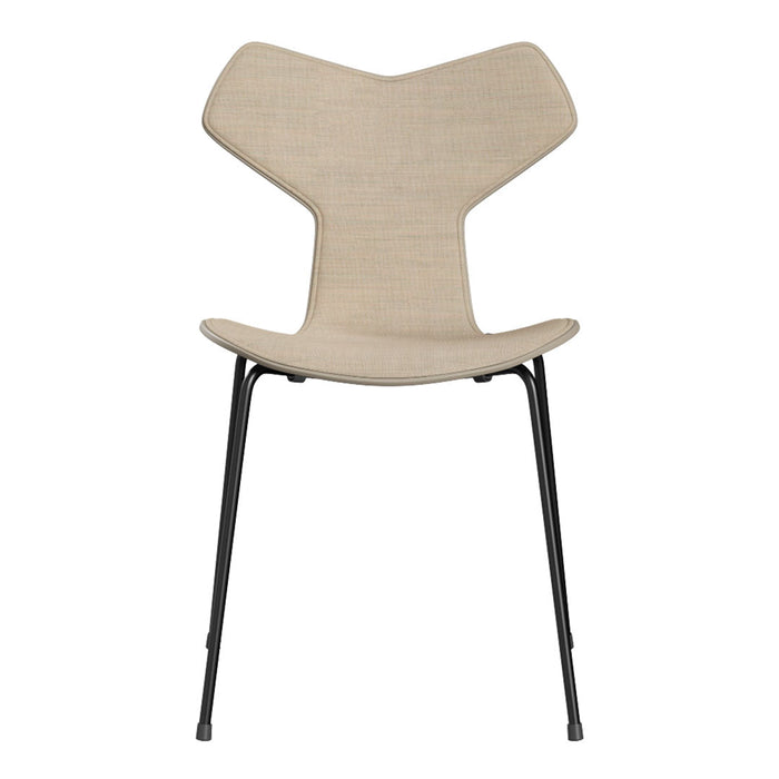Beige woven fabric chair with a unique Y-shaped back and sleek black metal legs, showcasing modern minimalism.
