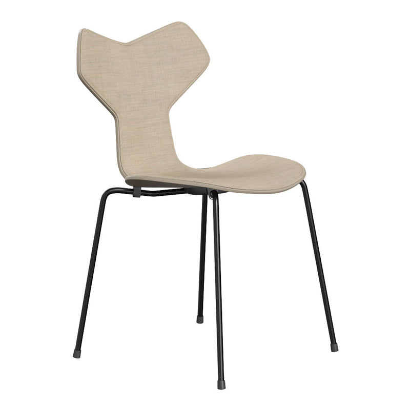 Beige fabric chair with a unique, modern silhouette and sleek black metal legs. Ideal for contemporary decor.