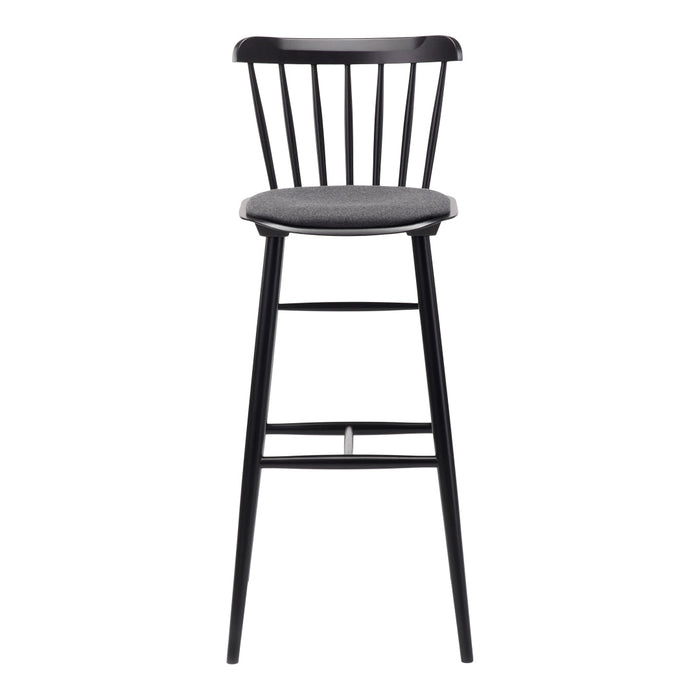 Black bar stool with a sleek spindle back and gray upholstered seat for a modern look.