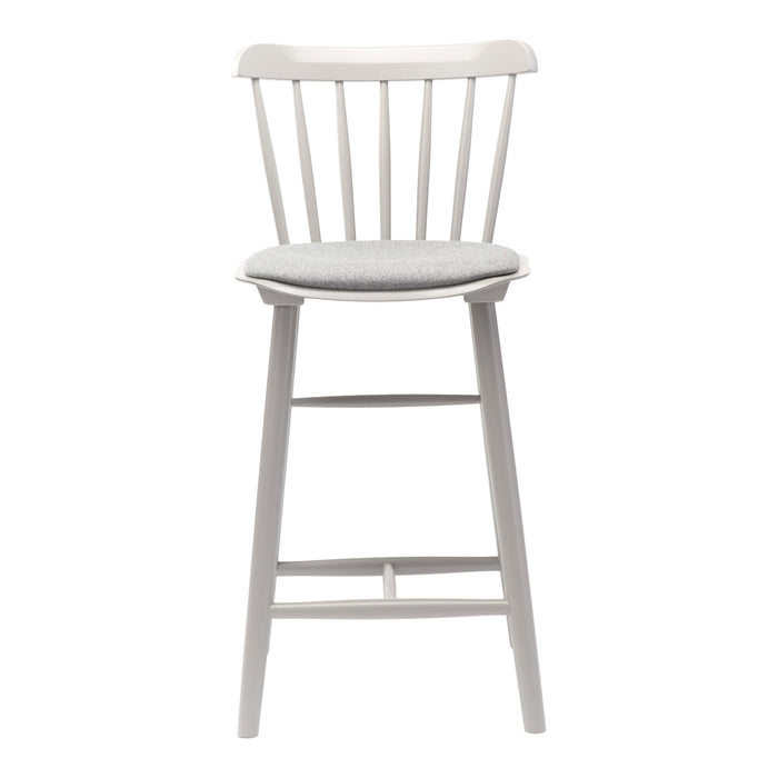 White wooden bar stool with gray cushioned seat and vertical slatted back design. Modern and stylish addition.