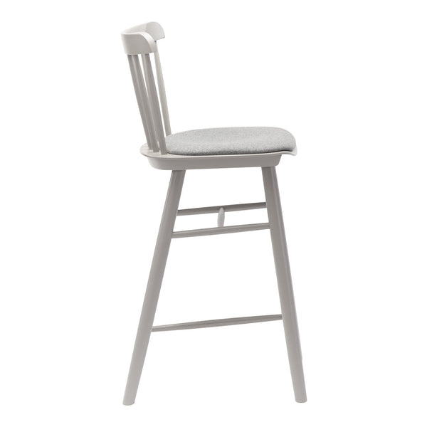 Light gray bar stool with a smooth fabric seat and simple vertical slat back design. Perfect for modern interiors.