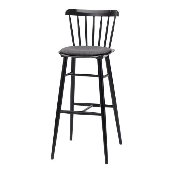 Black bar stool with minimalist design and a smooth, solid black cushioned seat.  Elegant and modern.