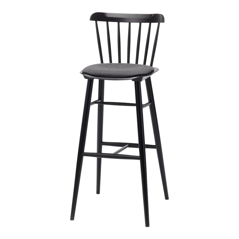 Black bar stool with minimalist design and a smooth, solid black cushioned seat.  Elegant and modern.