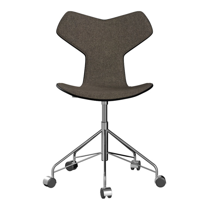 Brown upholstered chair with a unique V-shaped backrest and chrome base, featuring smooth rolling wheels.