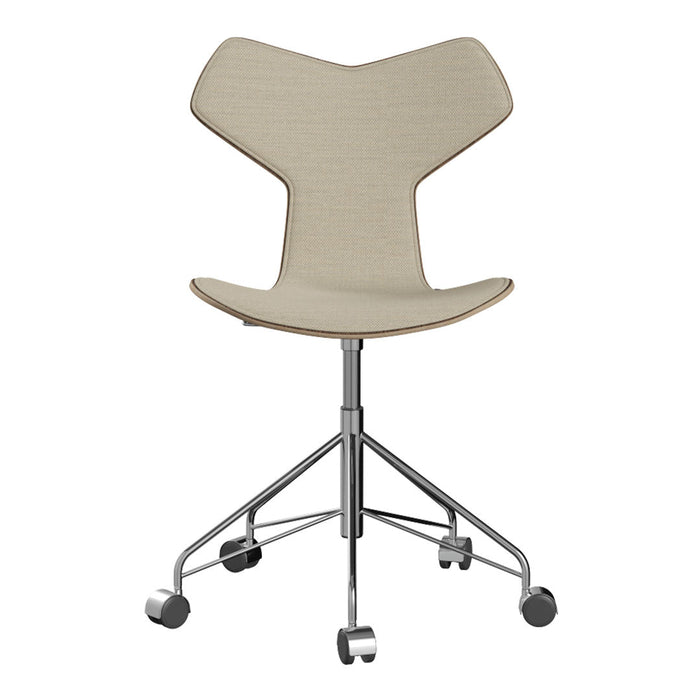 Light beige office chair with a sleek, modern design and a subtle textured pattern on the seat. Chrome base and wheels.