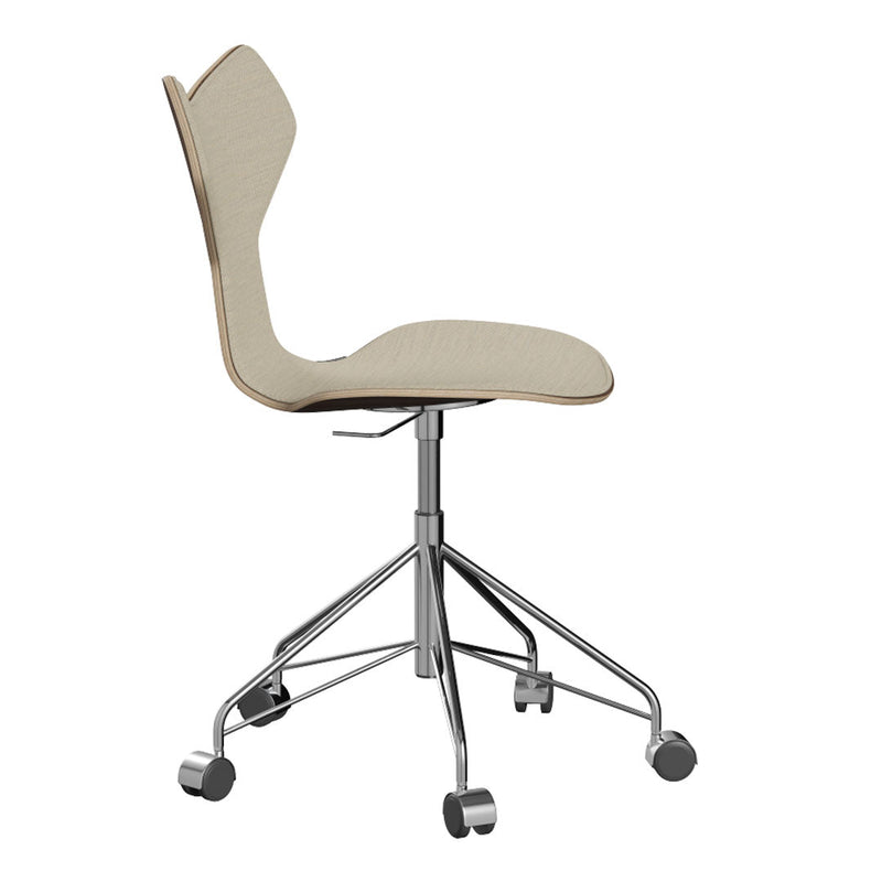 Beige ergonomic chair with a sleek design and wooden accent, featuring a chrome base and five rolling casters.