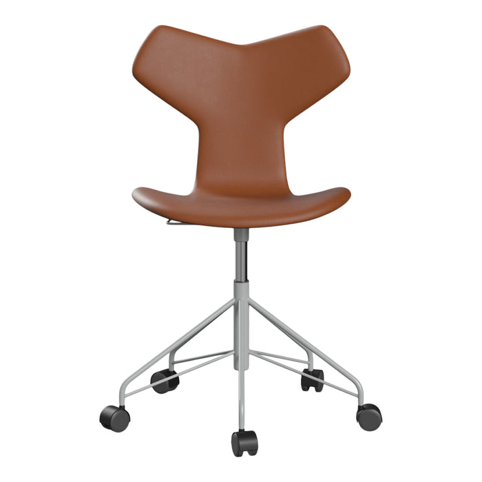 Brown leather office chair with a unique Y-shaped backrest and sleek silver base, featuring rolling wheels for mobility.