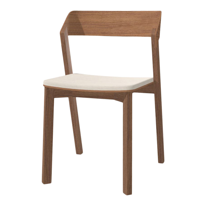 Modern wooden chair with a natural brown finish and a clean white seat, featuring a minimalist design.