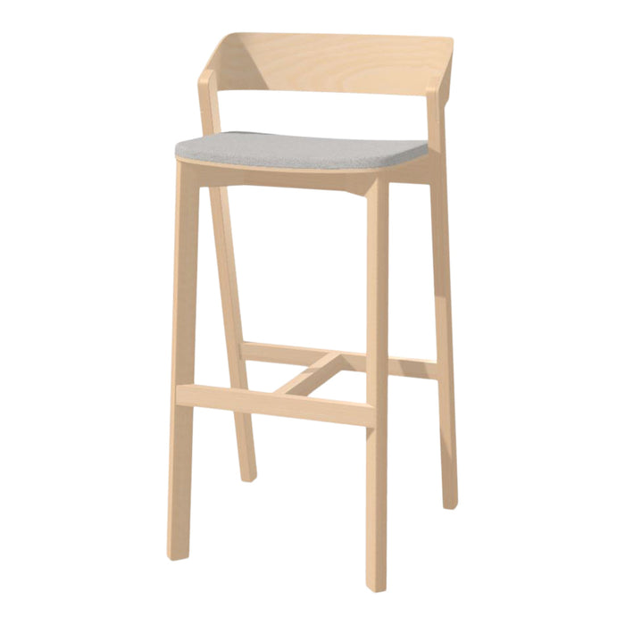 Light wood bar stool with a soft gray upholstered seat and a minimalist design, perfect for modern interiors.