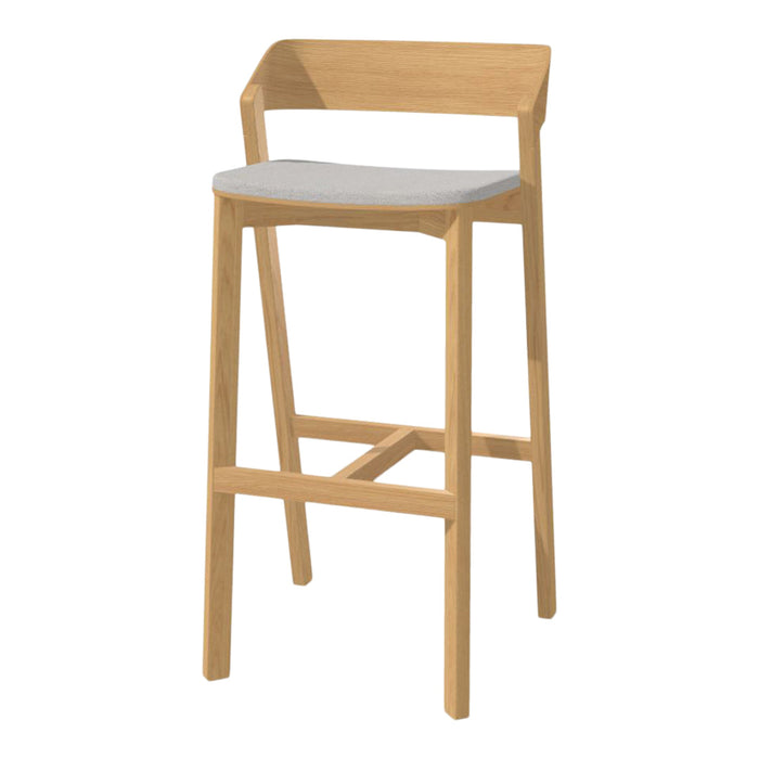 Natural wood bar stool with a light gray upholstered seat and a minimalist design. Perfect for modern decor.