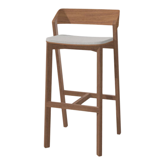 Wooden bar stool with a natural finish and a sleek, white upholstered seat for a modern look.