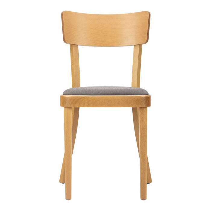 Light wood chair with a natural finish and a gray upholstered seat, featuring a simple, modern design.