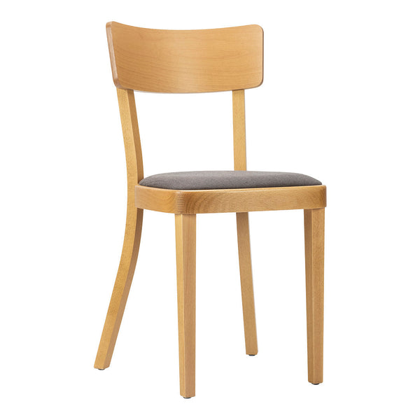 Light wood chair with a sleek design and a gray upholstered seat, perfect for modern decor.