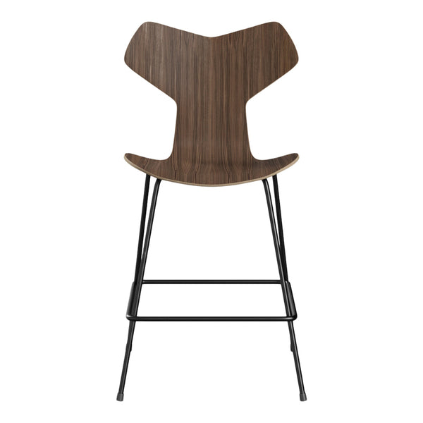 Wooden bar stool in rich walnut finish with sleek black metal legs, modern and minimalist design.