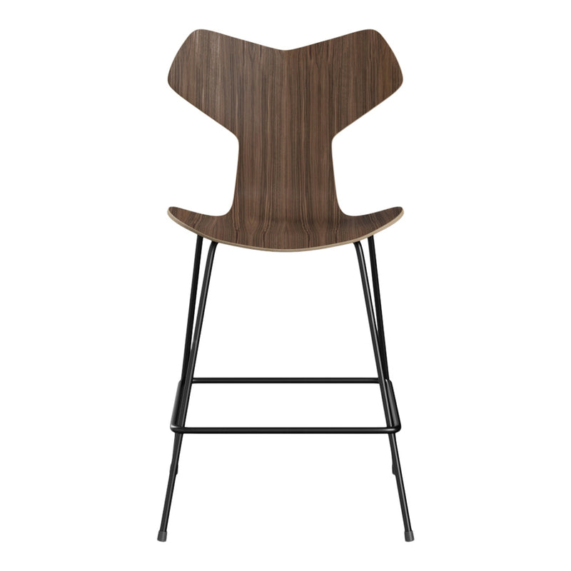 Wooden bar stool in rich walnut finish with sleek black metal legs, modern and minimalist design.