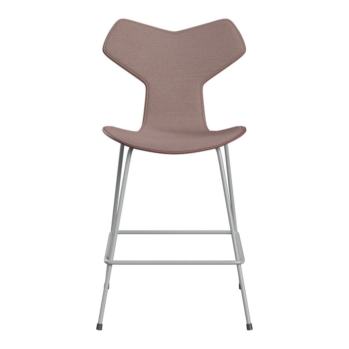 Modern bar stool in soft mauve fabric with a unique Y-shaped backrest and sleek silver metal legs.