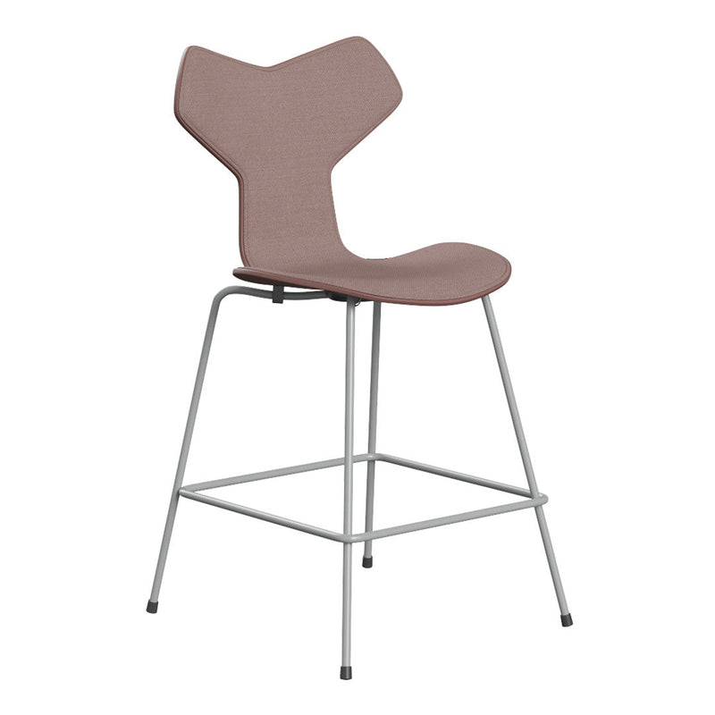 Modern bar stool featuring a sleek gray metal frame and soft, blush pink fabric seat with a minimalistic design.