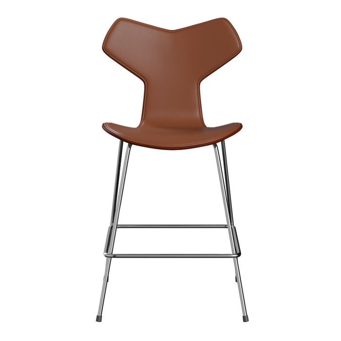 Brown leather bar chair with a sleek, modern design and chrome legs, featuring a unique Y-shaped back.