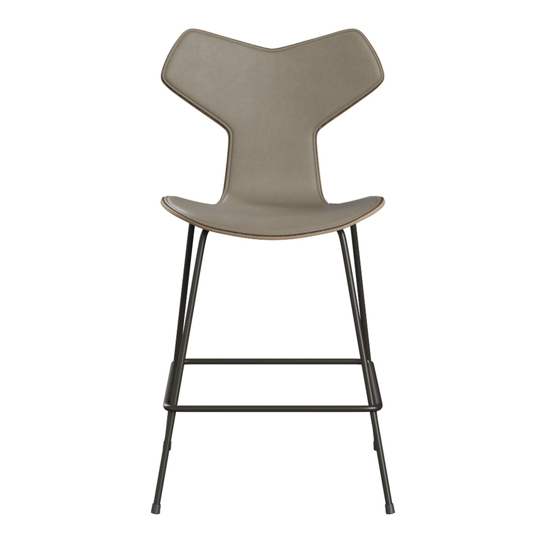 Stylish gray bar stool with a unique Y-shaped back and sleek black metal legs. Perfect for modern interiors.
