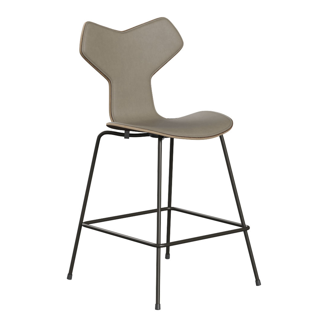 Stylish bar stool featuring a taupe seat and black metal frame, with a unique geometric design.
