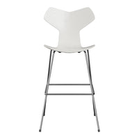White modern bar stool with a sleek chrome frame and minimalist design, featuring a unique Y-shaped backrest.