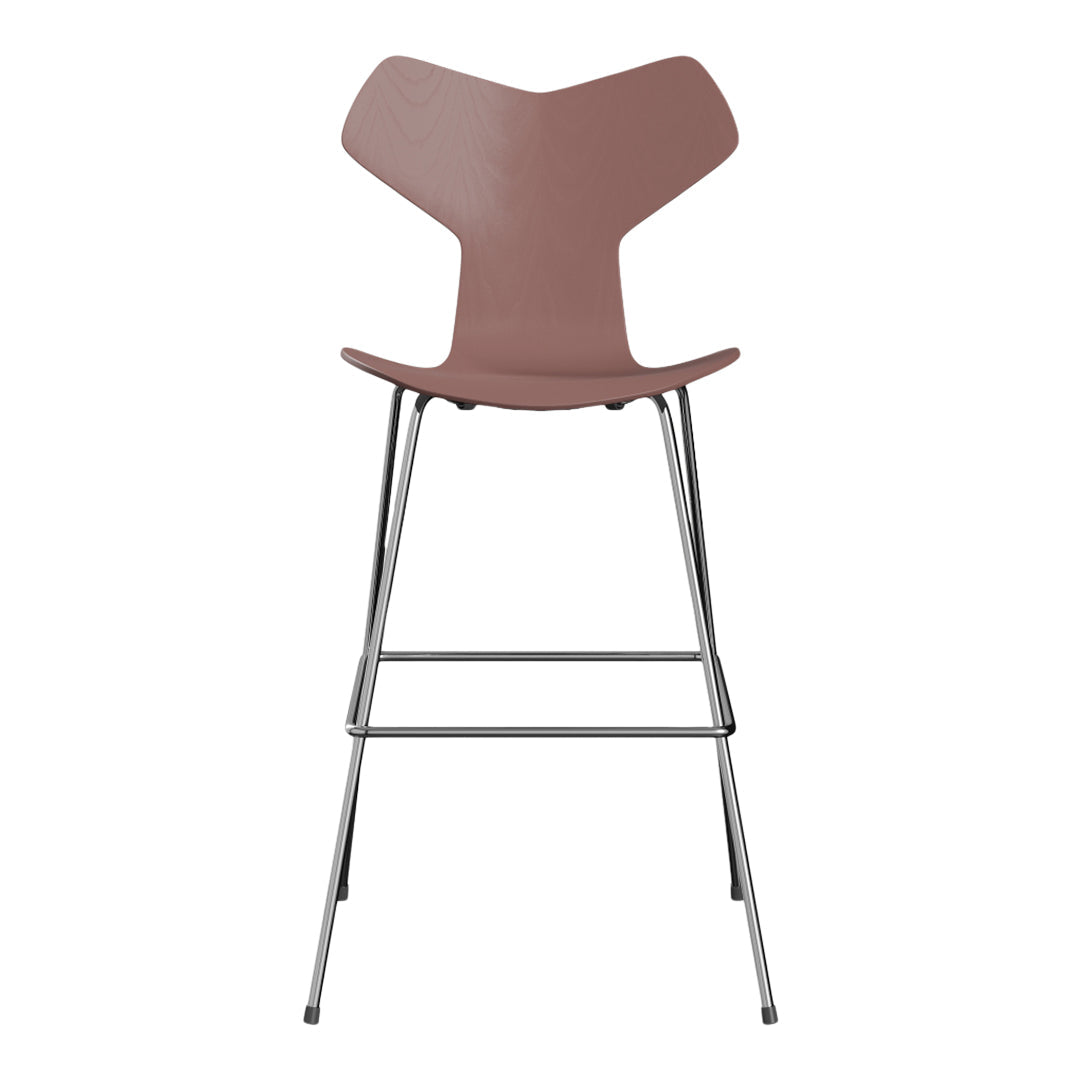 "Modern high chair in muted rose pink with sleek chrome legs, featuring a minimalist, curved design."