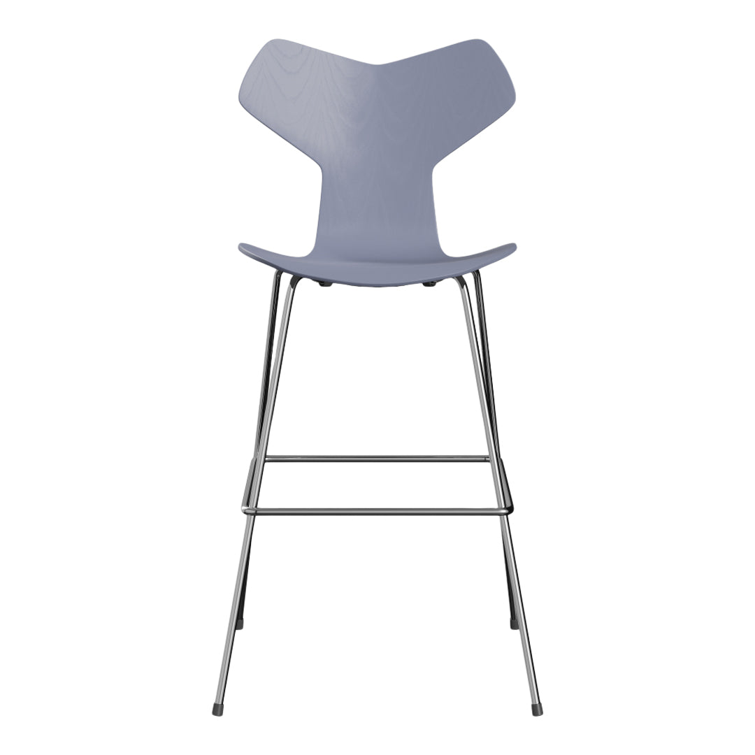 Light gray modern bar stool with a sleek design and chrome frame, perfect for contemporary spaces.
