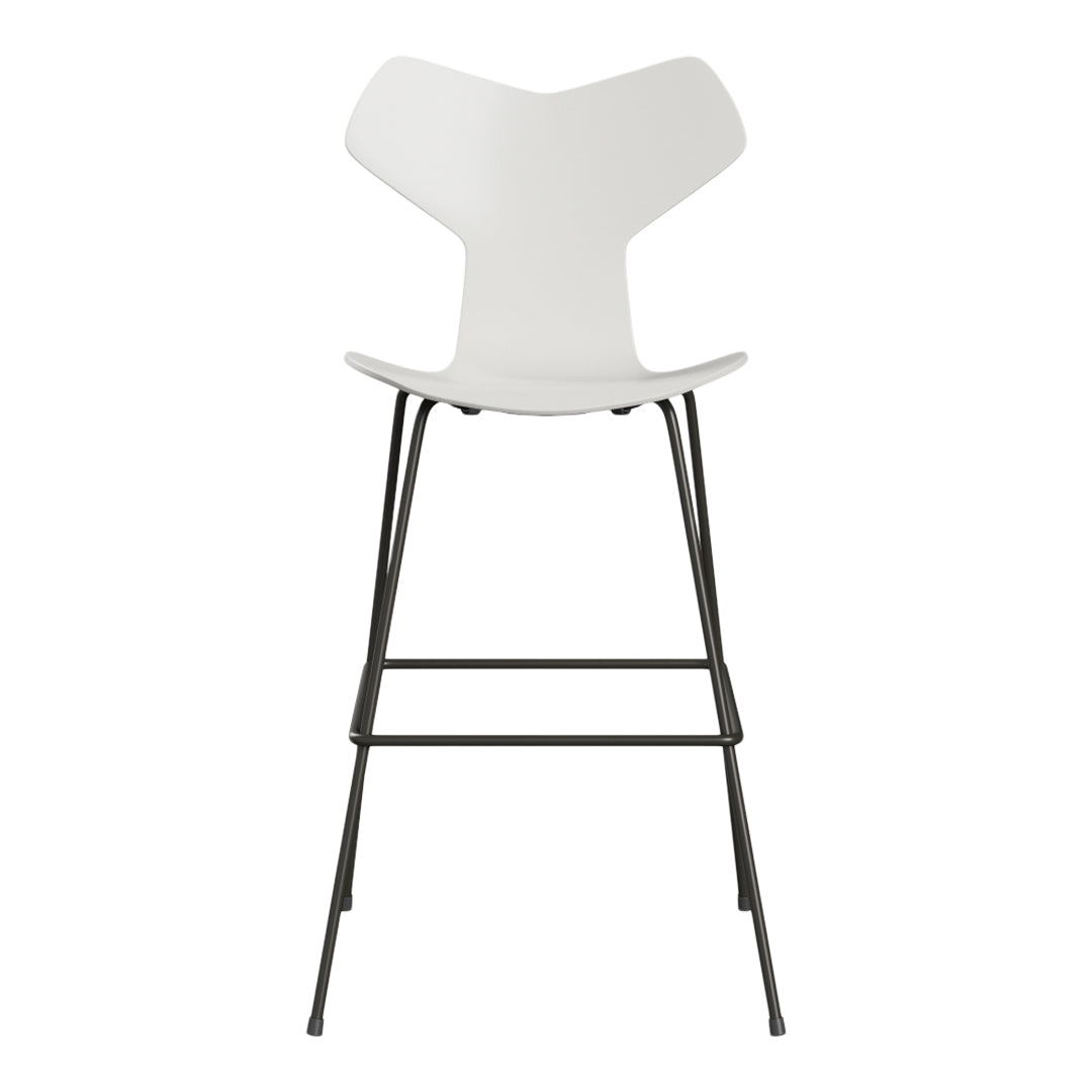 White minimalist bar stool with a sleek design and black metal frame, perfect for modern decor.
