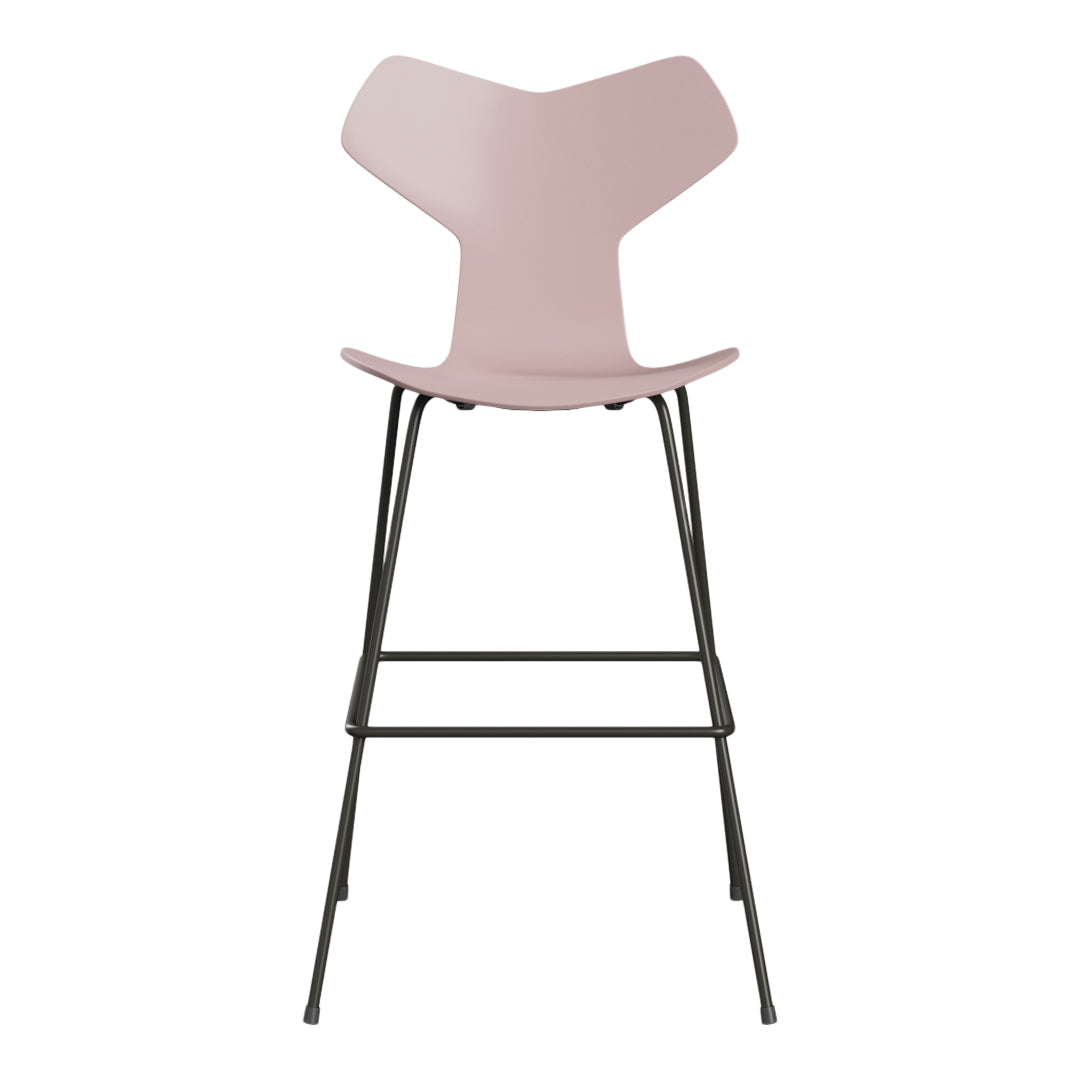 Pink modern bar stool with sleek black metal legs, featuring a smooth, minimalist design and unique shape.