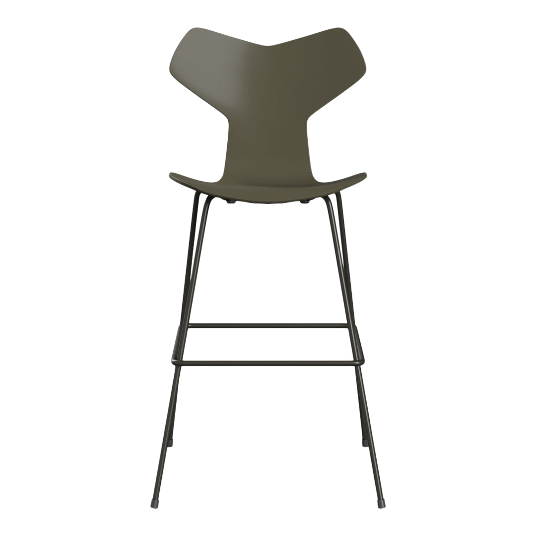 Olive green chair with a unique backrest design and sleek black metal legs, perfect for modern interiors.