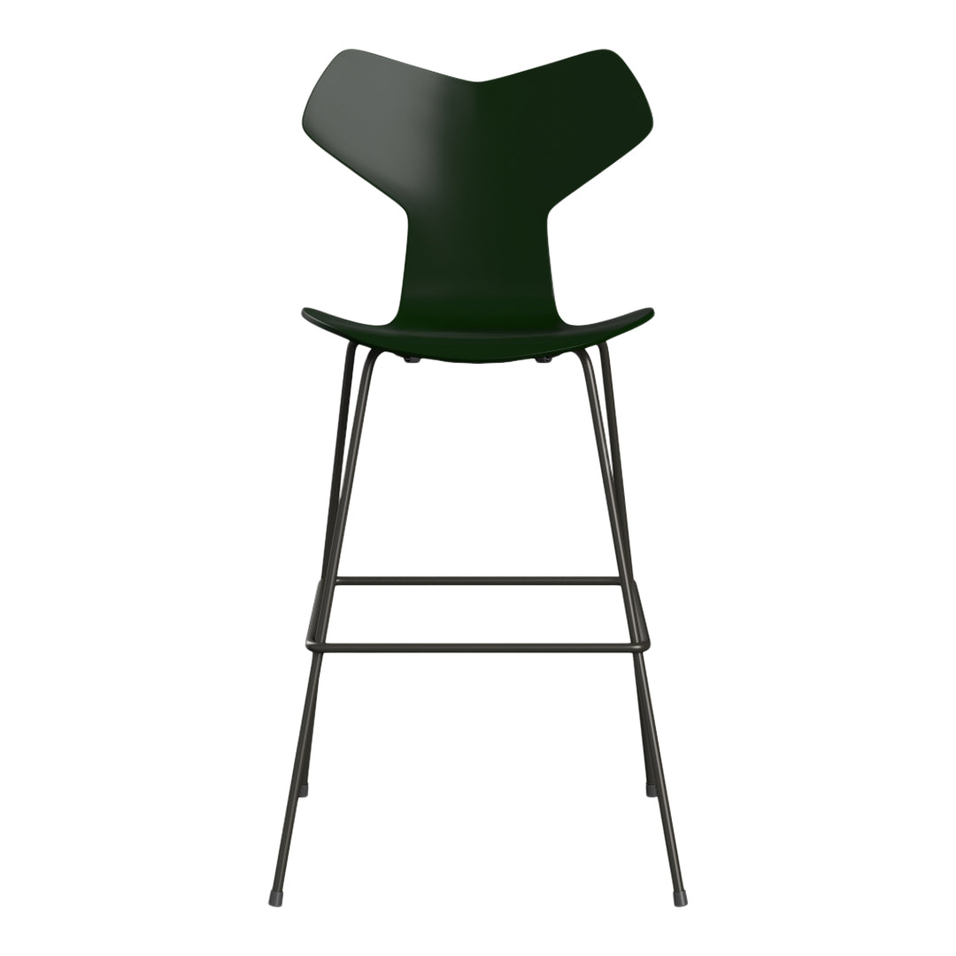 Green bar stool with a unique, modern design and sleek black metal frame. Perfect for contemporary spaces.