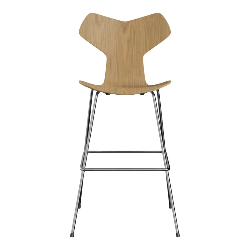 Natural wood bar stool with a light oak finish and sleek metal legs, featuring a minimalist design.