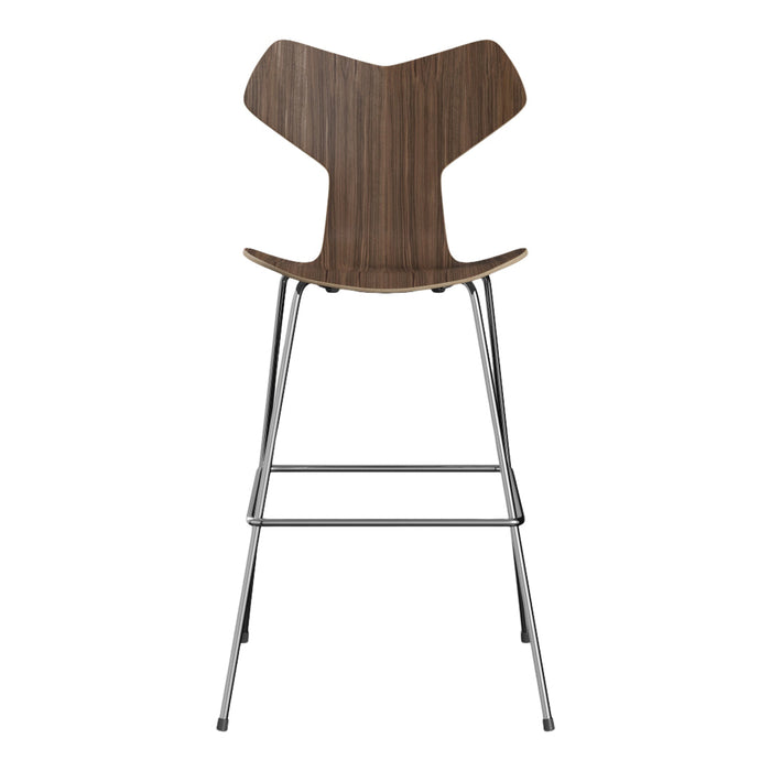 Brown wooden bar stool with a sleek, modern design and chrome legs, featuring smooth lines and a minimalist look.