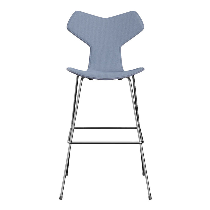 Light blue high chair with a modern design and smooth, curved lines. Sleek chrome legs add a stylish touch.
