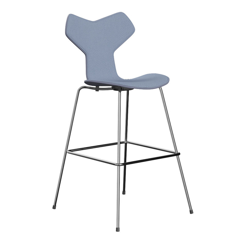 Light blue bar stool with a unique butterfly-shaped seat design and sleek metal legs. Ideal for modern decor.