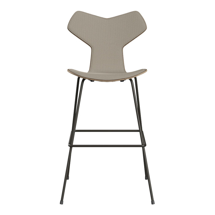 "Stylish gray high chair with a unique Y-shaped backrest and sleek black metal legs."