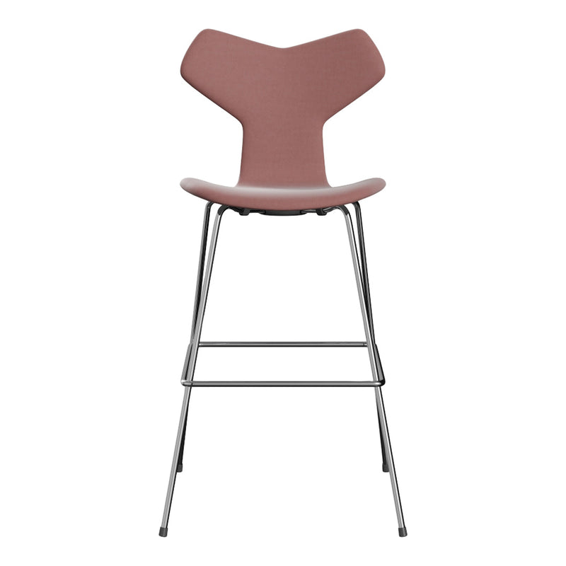 Modern bar stool in soft pink hue with sleek chrome legs, featuring a minimalist design and unique backrest shape.