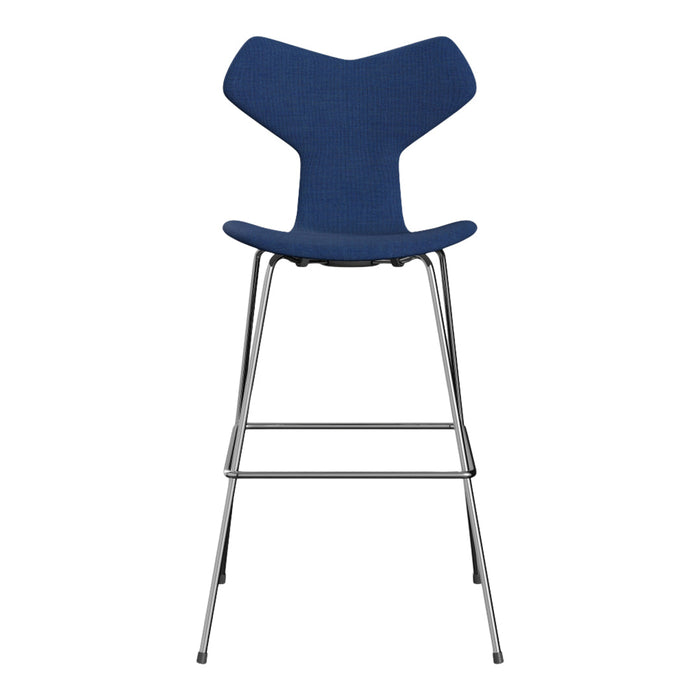 Navy blue upholstered bar stool with sleek chrome legs and modern, minimalist design. Perfect for contemporary spaces.