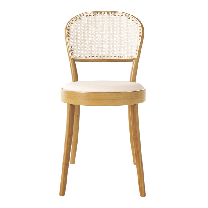 Cream upholstered seat chair with a natural wood frame and woven rattan backrest, showcasing a minimalist design.