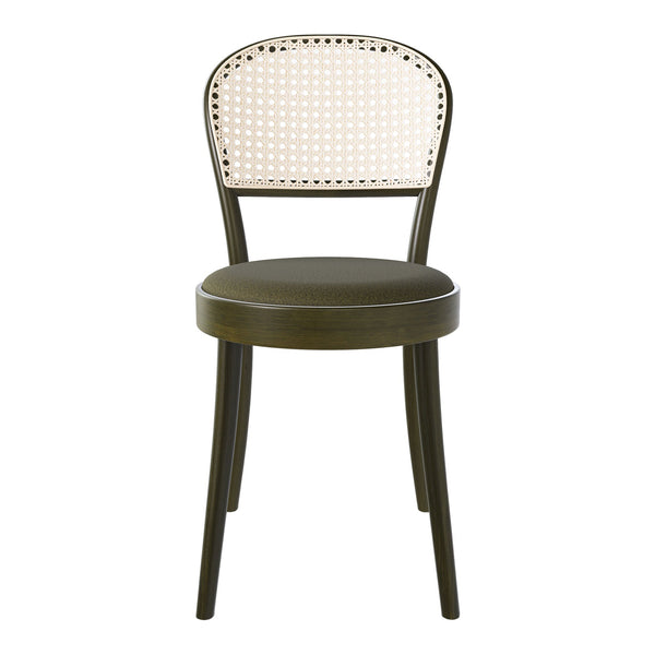 Green dining chair with a rattan-patterned backrest and a padded seat for a modern, stylish look.