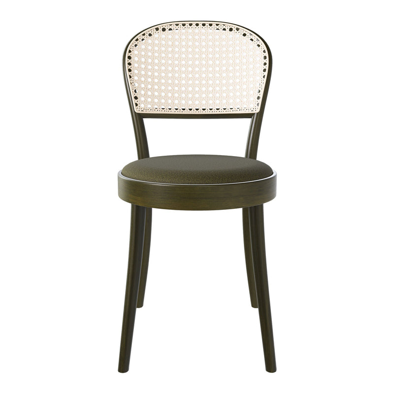 Green dining chair with a rattan-patterned backrest and a padded seat for a modern, stylish look.