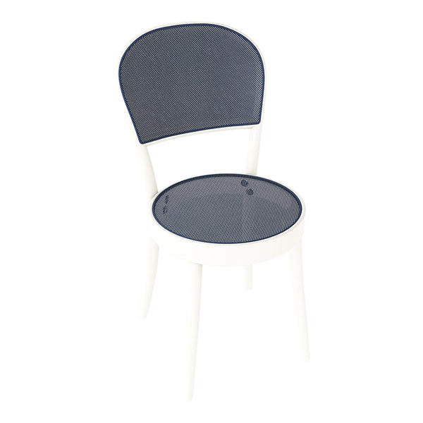 Modern white chair with a dark blue seat and backrest, featuring a sleek, minimalist design.