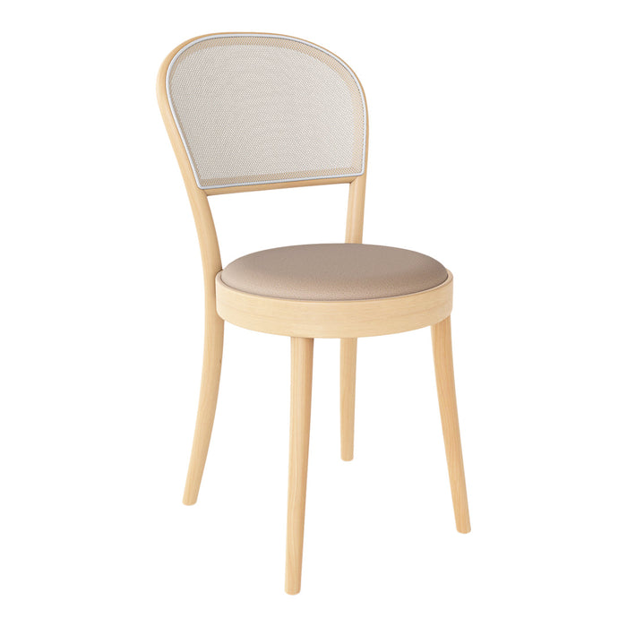 Light wood chair with a natural woven back and a soft beige seat cushion, showcasing minimalist design and neutral color palette.