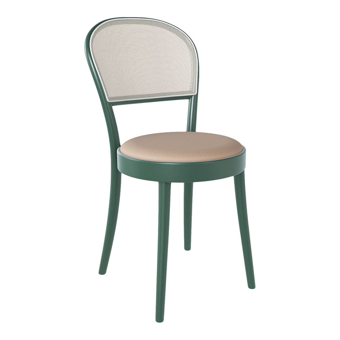 Green chair with a woven back and beige seat, featuring a sleek, modern design and subtle textures.